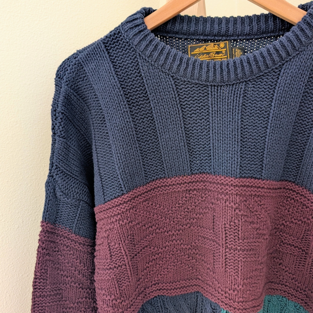 Vintage Eddie Bauer Chunky Colorblock Cable Knit Crewneck Sweater In Navy Blue - Picture 5 of 9